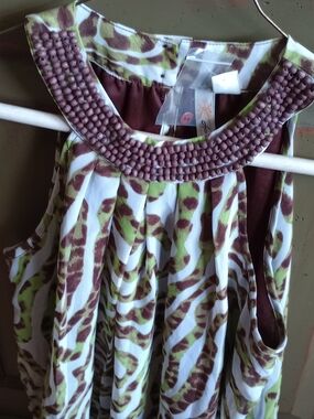 Adiva Beaded-Neckline Animal Print Tank in Brown and Green
